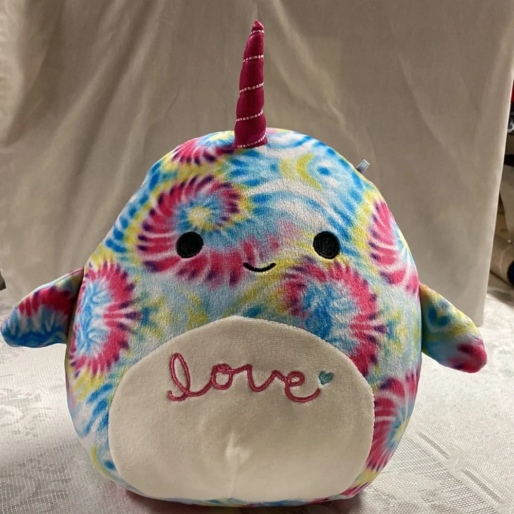 SQUISHMALLOWS Milaina Tie Dye Rainbow Colored Love Plush Narwhal Whale 10” Tall
